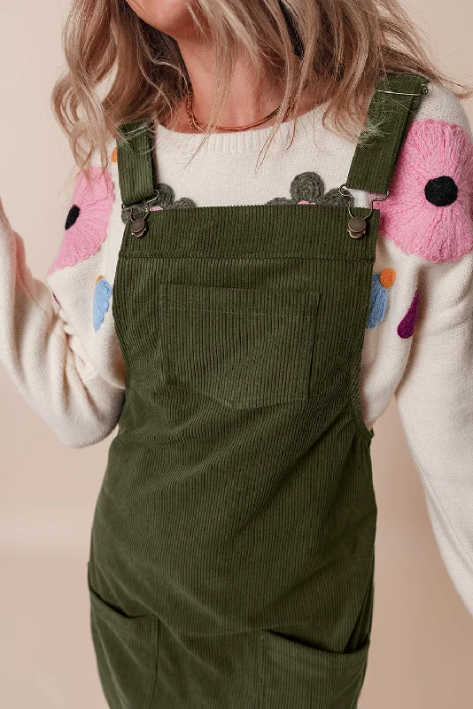 Olive Green Corduroy Mini Dress with Pockets Cozy Cotton Mini Dress