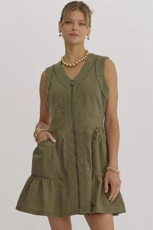 Olive zip-up mini dress Classic Floral Mini Dress