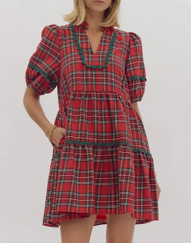 Plaid Print V-Neck Short Sleeve Mini Dress Trendy Tie-Dye Mini Dress
