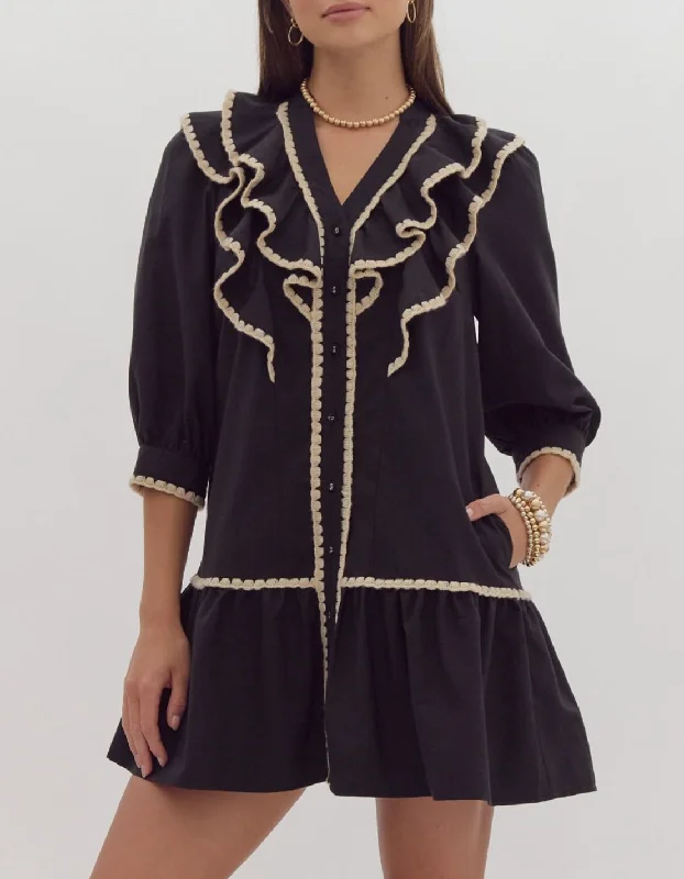 Solid Button-Up Ruffled Mini Dress Trendy Mesh Mini Dress