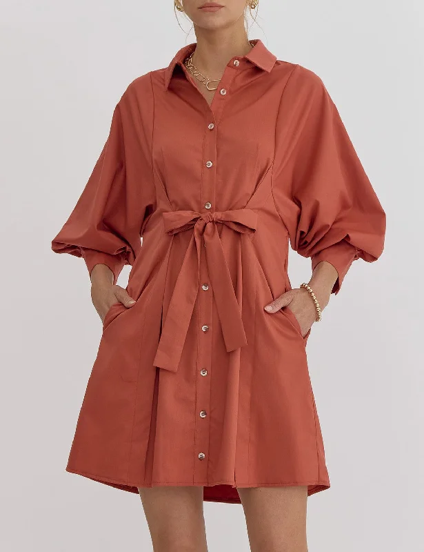 Solid Collared Button Up 3/4 Sleeve Mini Dress Trendy Button-Detail Mini Dress