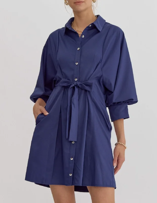 Solid Collared Button Up 3/4 Sleeve Mini Dress Stylish Sweetheart Mini Dress