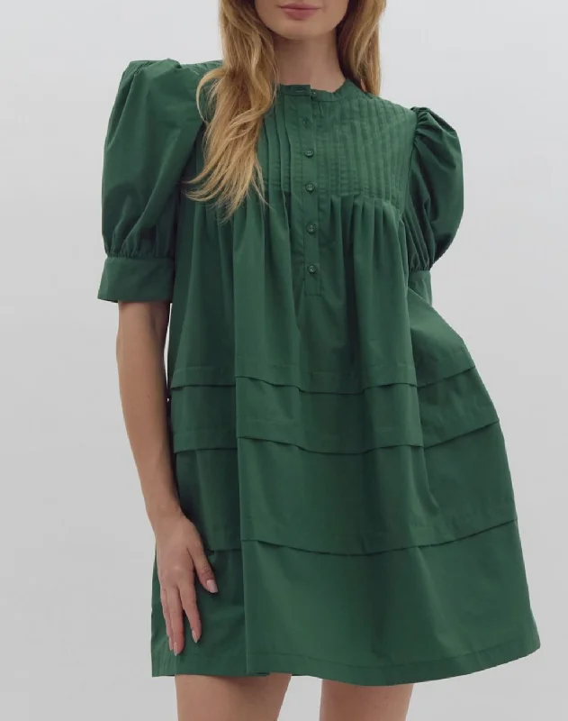 Solid Pin-Tucked Short Sleeve Mini Dress Trendy Bodycon Mini Dress