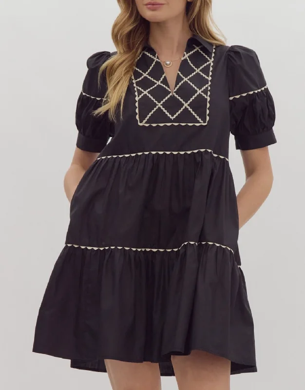 Solid V-Neck Puff Sleeve Collared Mini Dress Comfortable Smocked Mini Dress