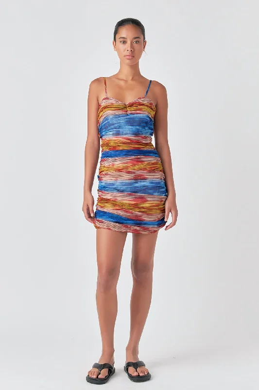 Striped Mesh Mini Dress with Ruched Detail Stylish Plaid Mini Dress