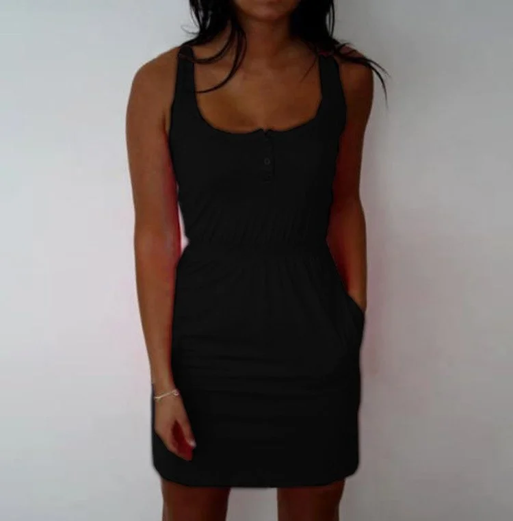 Women Neon Boho Summer Sleeveless Casual Party Mini Dress Holiday Beach Sundress Tank Button candy 7 color big size 5XL Chic Mini Dress with V-Neck