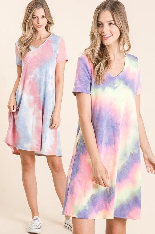 TIE DYE PRINT FRENCH TERRY V NECK MINI DRESS - BLUE/PINK or LAVENDER MIX Comfortable Fit-and-Flare Mini Dress
