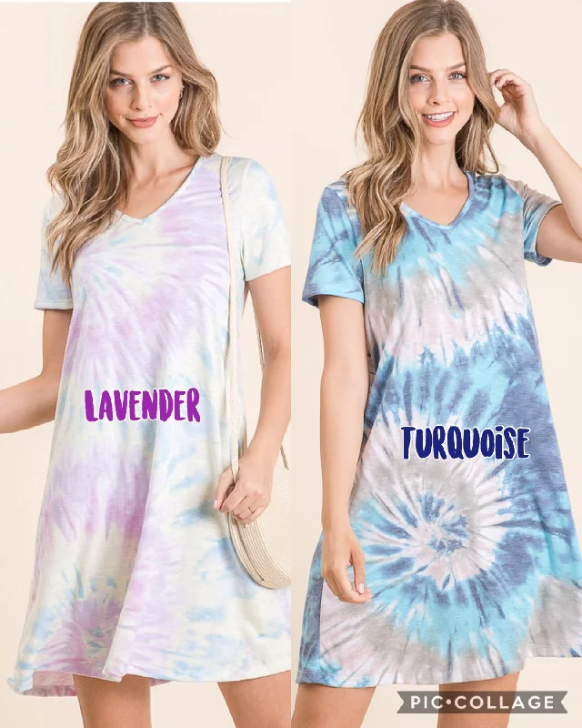 TIE DYE PRINT SLUB JERSEY V NECK MINI DRESS - LAVENDER or TURQUOISE Comfortable Shift Mini Dress