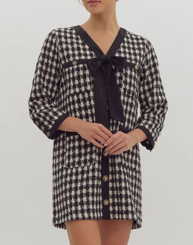 Tweed 3/4 Sleeve Button-Up Mini Dress Elegant Lace-Up Mini Dress