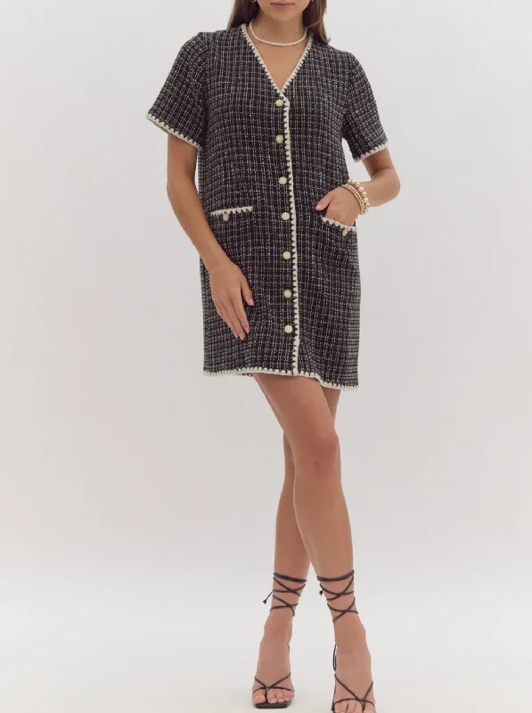 Tweed Short Sleeve V-Neck Button-Up Mini Dress Fashionable Denim Mini Dress