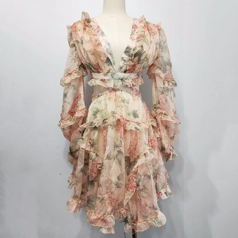 Sexy Print Dress Female Chiffon V Neck Hollow Out Lantern Sleeve High Waist Mini Dresses Summer Fashion Sweet New Comfortable Smocked Mini Dress