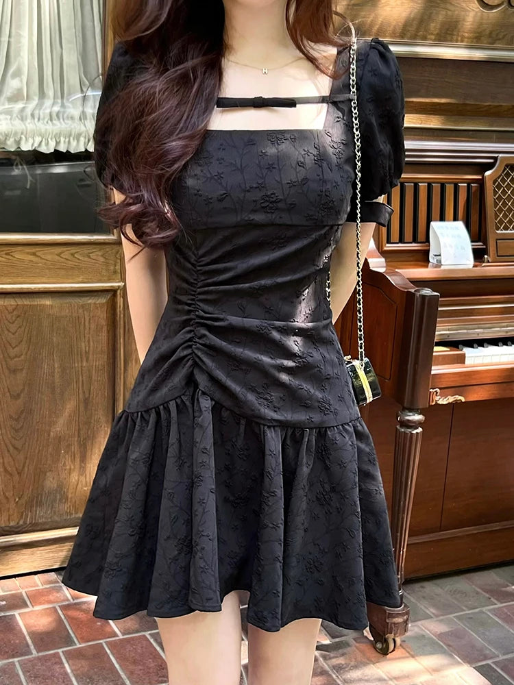 Vintage Square Collar Puff Sleeve Sexy Maxi Birthday Dress for Women Clothing Y2k Bodycon Evening Mini Dresses Summer  Black Trendy Off-Shoulder Dress Mini