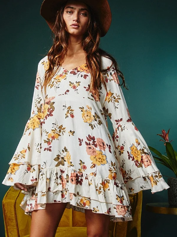 White Floral Mini Dress Trendy Button-Detail Mini Dress