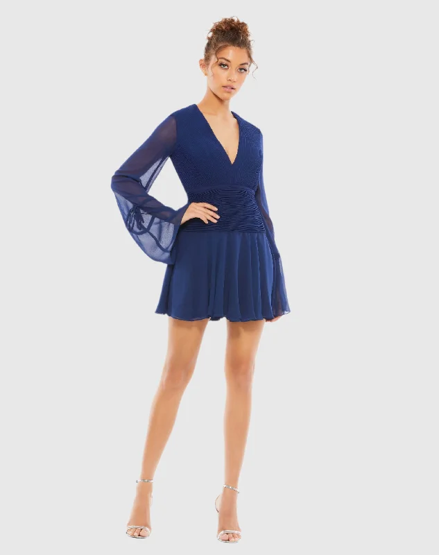 Pleated Bell Sleeve Chiffon Mini Dress - FINAL SALE Stylish Ruffle Mini Dress
