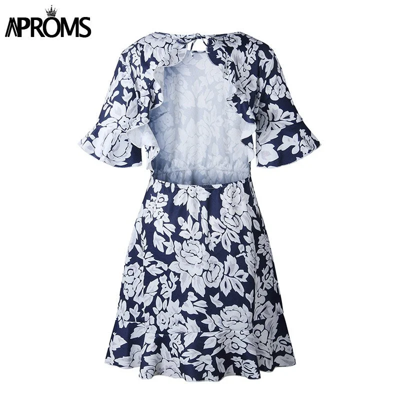 Elegant Ruffles Open Back Summer Dress Women Navy Floral Print Short MIni Dresses Flared Short Sleeve Dress Vestidos Comfortable Casual Mini Dress