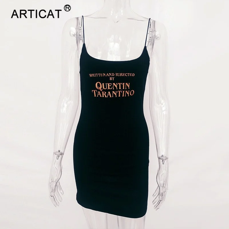 Black Letter Embroidery Bodycon Sexy Summer Dress 2022 Spaghetti Strap Backless Women Pencil Mini Dress Casual Dresses Comfortable Off-Shoulder Mini Dress