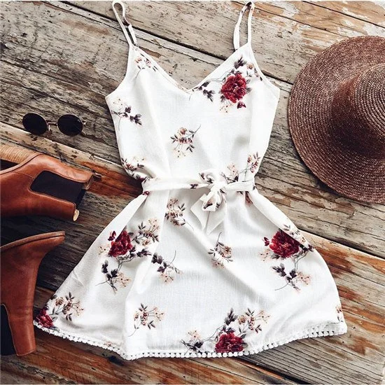 Sexy Floral Print Summer Dress Women Casual V neck Strap Beach Dress 2022 High Waist Halter Short Mini Dresses Vestidos Stylish Short-Sleeve Mini Dress