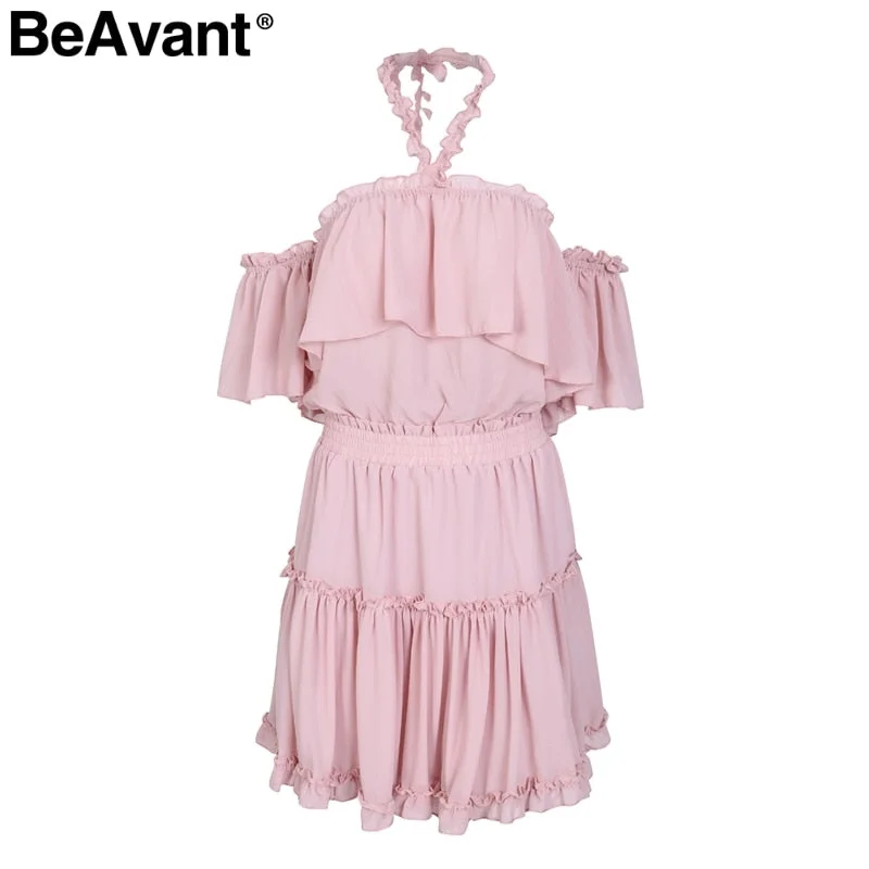BeAvant Sexy halter off shoulder summer dress Ruffle backless mini dress women Casual chiffon short dress female vestidos Chic Mini Dress with V-Neck