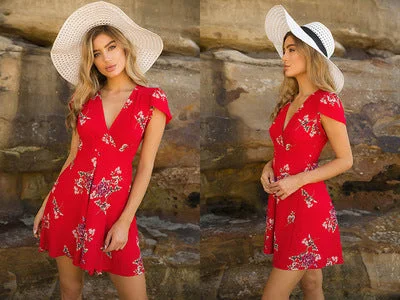 Floral Print Summer Dress Women Sexy V Neck Short Sleeve Mini Dresses Femme Casual Beach Short Dress vestidos Cozy Cowl Neck Mini Dress