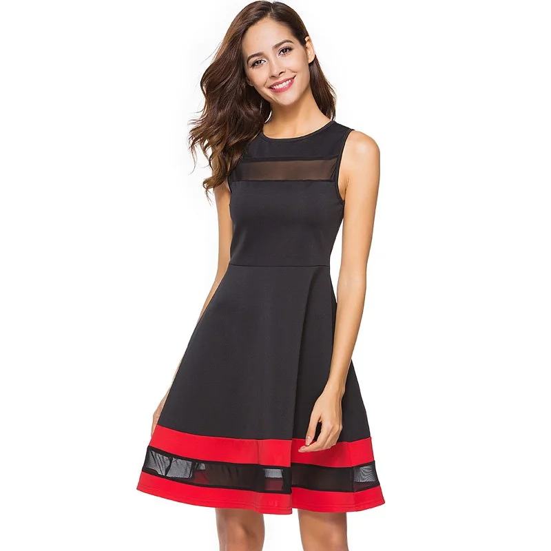 Cute Women Skater Dress Sleeveless Contrast Color Stripe Patchwork Sexy Mesh Ilssuion Casual A-Line Mini Dress Short Comfortable Bodycon Mini Dress