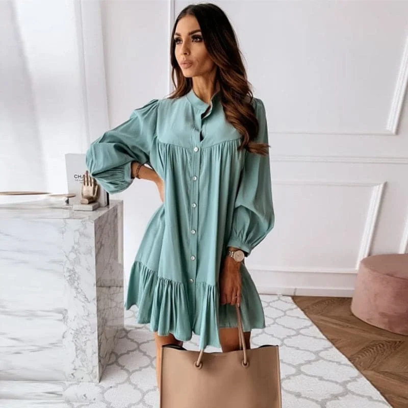 Women Vintage Ruffled Front Button A-line Dress Long Sleeve Stand Collar Solid Elegant Casual Mini Dress Autumn New Dress Elegant Silk Mini Dress