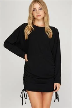 BLACK DOLMAN SLEEVES W/DRAWSTRING RUCHED SIDES KNIT MINI DRESS S8SS8909 Stylish Ruffle Mini Dress