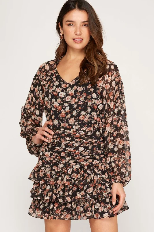 BLACK FLORAL PRINT LONG RAGLAN SLEEVES RUFFLED MINI DRESS SS7690 Elegant Off-Shoulder Dress Mini