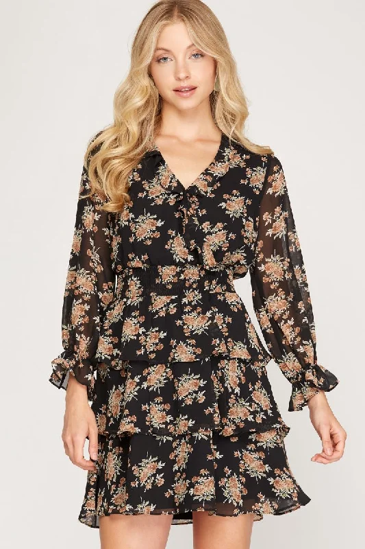 BLACK FLORAL PRINT SMOCKED TIERED LONG SLEEVES MINI DRESS SS7997 Comfortable Boho Mini Dress