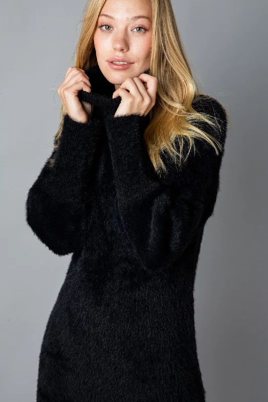 BLACK MOCKNECK LONG SLEEVES FUZZY MINI DRESS MSW7210 Comfortable Off-Shoulder Mini Dress