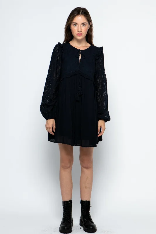 NAVY SELF-TIE TASSEL NECK LACE CONTRAST BABYDOLL MINI DRESS MDR8762 Stylish Summer Mini Dress
