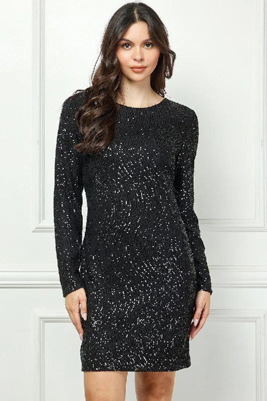BLACK SEQUIN LONG SLEEVES ZIP CLOSURE MINI DRESS AVD51916W Elegant Vintage Mini Dress BLACK SEQUIN LONG SLEEVES ZIP CLOSURE MINI DRESS AVD51916W Elegant Vintage Mini Dress