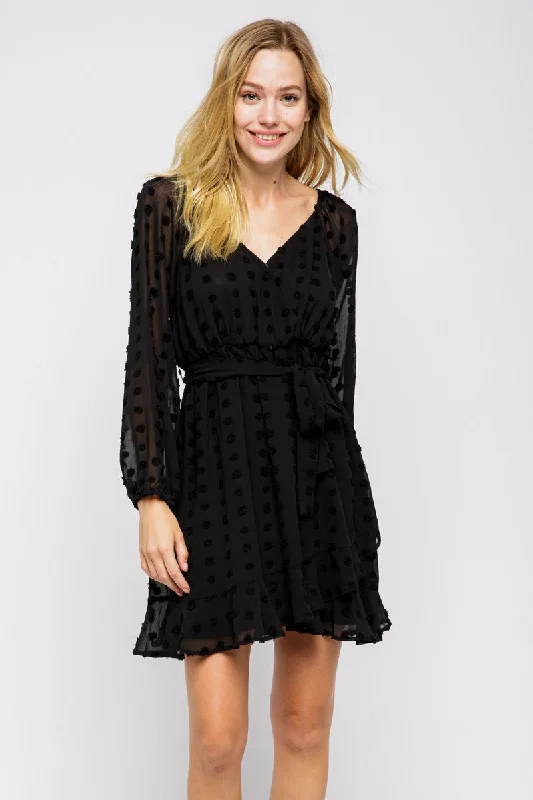 BLACK SWISS DOT SELF-TIE WAIST RUFFLED MINI DRESS MDR8083 Classic Floral Print Mini Dress