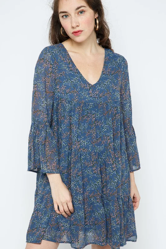 BLUE V-NECK BABYDOLL SWING MINI DRESS MDR9152 Classic Solid Mini Dress
