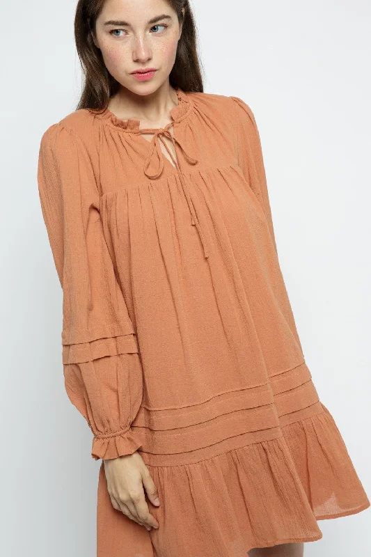 CARAMEL RUFFLED TIE-NECK LONG SLEEVES MINI DRESS MDR8656 Comfortable Linen Mini Dress