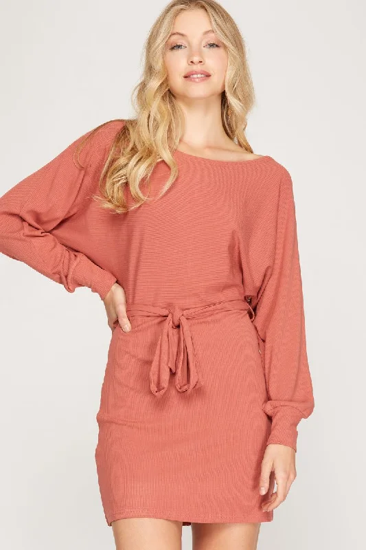 CINNAMON RIB KNIT DOLMAN LONG SLEEVES SASH WAIST MINI DRESS SS6213 Fashionable Denim Mini Dress