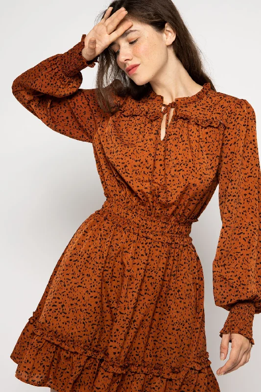 CLAY RUFFLED TIE NECK LONG SLEEVES SMOCK MINI DRESS MDR8950 Fashionable Pleated Mini Dress