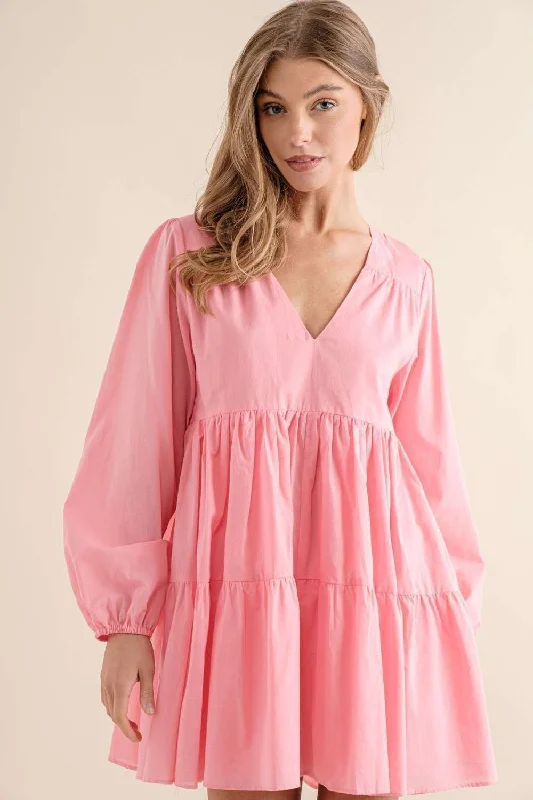 CORAL V-NECK LONG SLEEVES BABYDOLL MINI DRESS D9340 Elegant Satin Lace Mini Dress
