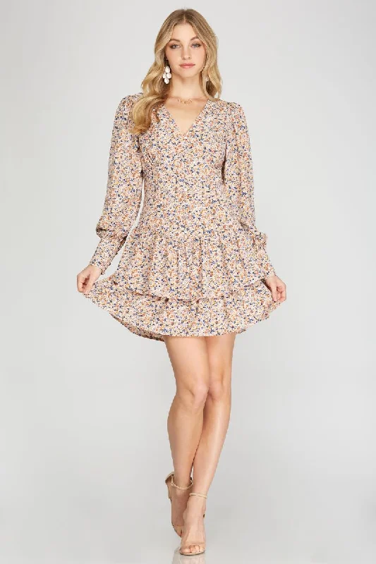 CREAM FLORAL PRINT BUTTON DOWN CUFF LONG SLEEVES MINI DRESS SS8703 Casual High-Waist Mini Dress