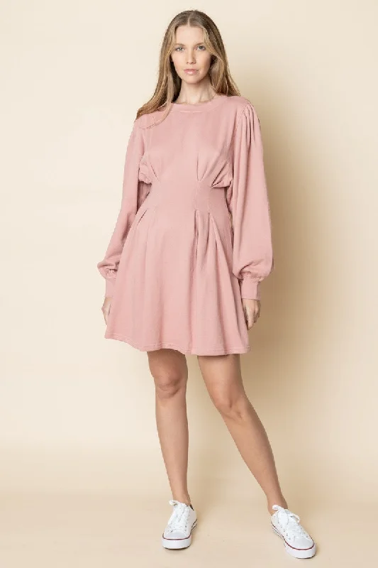 CRUSHED BERRY CUFF LONG SLEEVES PINTUCK MINI DRESS MDR8700 Cozy Cotton Mini Dress