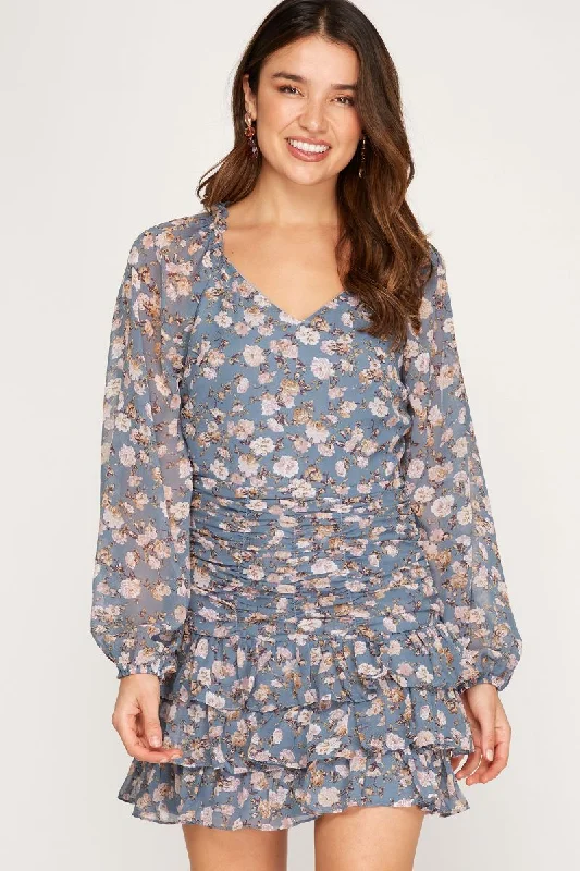 DUSTY BLUE FLORAL PRINT LONG RAGLAN SLEEVES RUFFLED MINI DRESS SS7690 Classic Casual Mini Dress