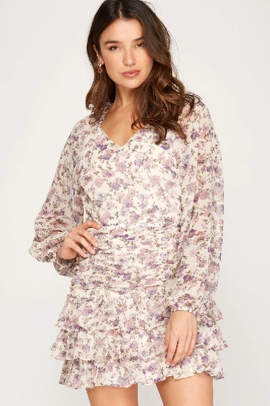 DUSTY ROSE FLORAL PRINT LONG RAGLAN SLEEVES RUFFLED MINI DRESS SS7690 Cozy A-Line Mini Dress