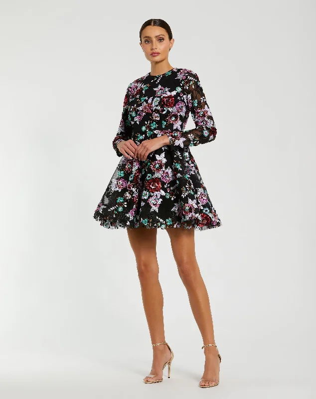 High Neck Long Sleeve Sequin A Line Mini Dress Elegant Lace Mini Dress
