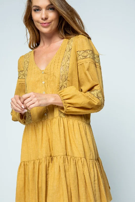 HONEY GOLD LACE DETAILED RUFFLED LONG SLEEVES MINI DRESS MDR8123 Elegant Mini Dress with Ruffles