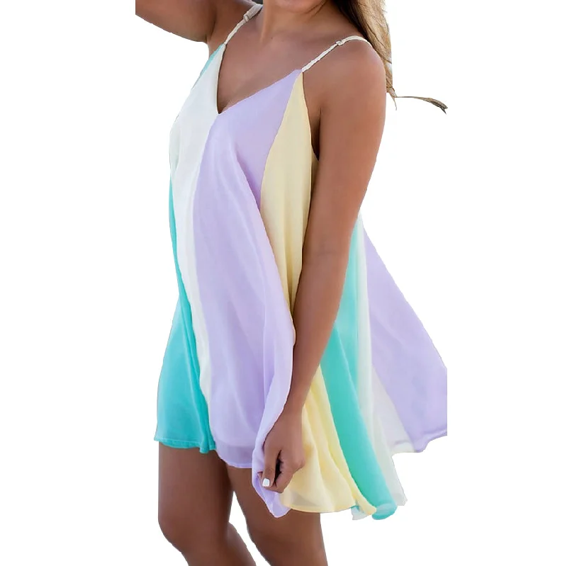 Fashion Sleeveless Chiffon Summer Beach Dress Rainbow Color Deep V-neck Mini Dresses Patchwork Loose Vestidos Women Comfortable Casual Mini Dress Fashion Sleeveless Chiffon Summer Beach Dress Rainbow Color Deep V-neck Mini Dresses Patchwork Loose Vestidos Women Comfortable Casual Mini Dress