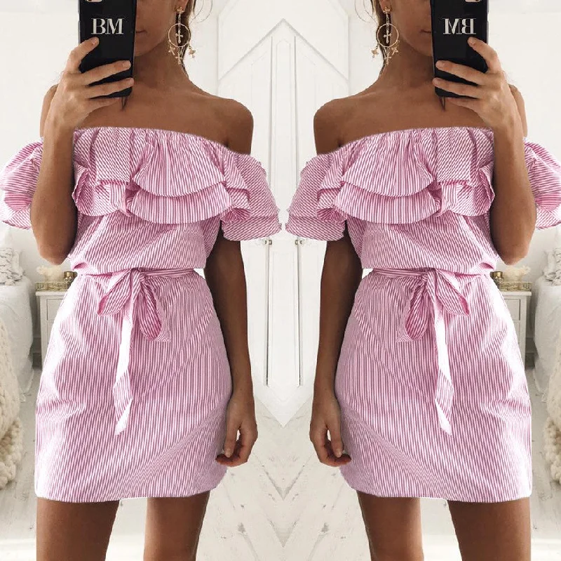 Summer Mini Dress Women Fashion Sexy Off Shoulder Slash Neck Striped Vestidos Female Beach Sundress For Party Classic Solid Mini Dress Summer Mini Dress Women Fashion Sexy Off Shoulder Slash Neck Striped Vestidos Female Beach Sundress For Party Classic Solid Mini Dress