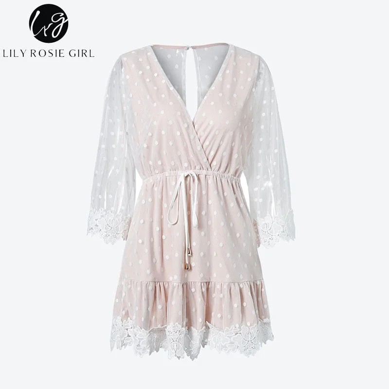 Lily Rosie Girl White Lace Dot Women Mini Dresses 2022 Summer Sexy V Neck Party Beach Mesh Dress Backless Flare Sleeve Vestidos Fashionable Mini Dress with Frills Lily Rosie Girl White Lace Dot Women Mini Dresses 2022 Summer Sexy V Neck Party Beach Mesh Dress Backless Flare Sleeve Vestidos Fashionable Mini Dress with Frills