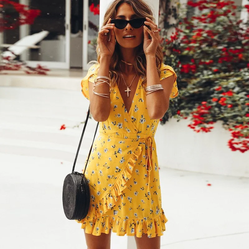 Women Loose Short Sleeve V-Neck Ruffles Print Casual Yellow Summer Chiffon Dress 2022 Beach Elegant Mini Dresses vestido Trendy Wraparound Mini Dress Women Loose Short Sleeve V-Neck Ruffles Print Casual Yellow Summer Chiffon Dress 2022 Beach Elegant Mini Dresses vestido Trendy Wraparound Mini Dress