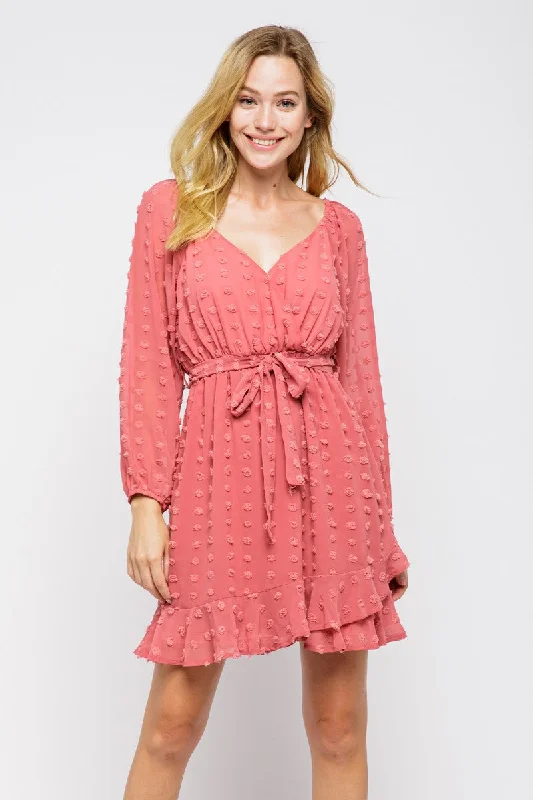 MAUVE SWISS DOT SELF-TIE WAIST RUFFLED MINI DRESS MDR8083 Stylish Ruffle Mini Dress