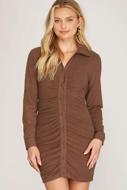 MOCHA BRUSHED STRETCH KNIT BUTTON DOWN SHIRRED SHIRT MINI DRESS SS8731 Trendy Mesh Mini Dress