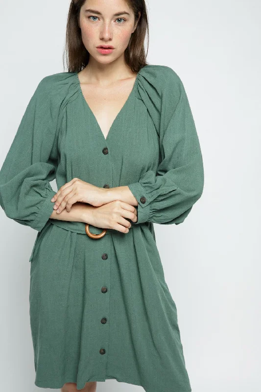PINE GREEN V-NECK BUTTON FRONT BELTED MINI DRESS MDR8570 Elegant Mini Dress with Ruffles